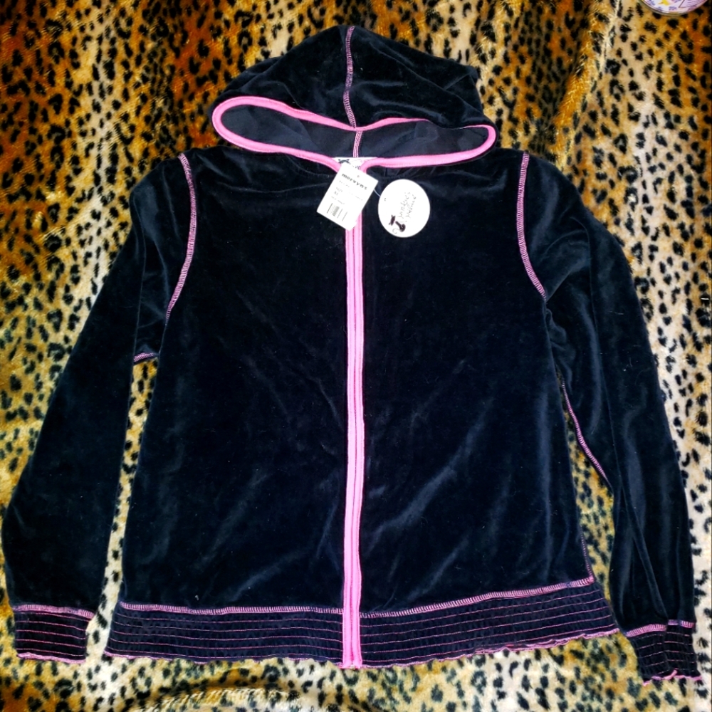 VINTAGE NWT PINKIES PALACE VELOUR HOODED TRACK JACKET MERVYNS XL BLK PINK Y2K